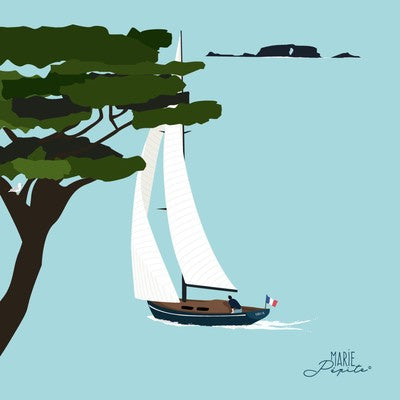 Petit tableau VOILIER BAIE  11 x 11 cm