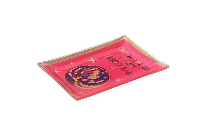 Assiette en verre "Follow the call of the disco ball", taille M, neon pink