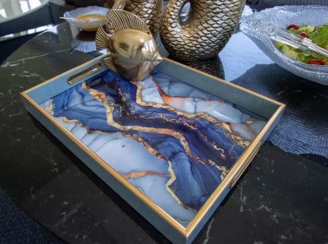 Plateau rectangulaire bleu effet aquarelle