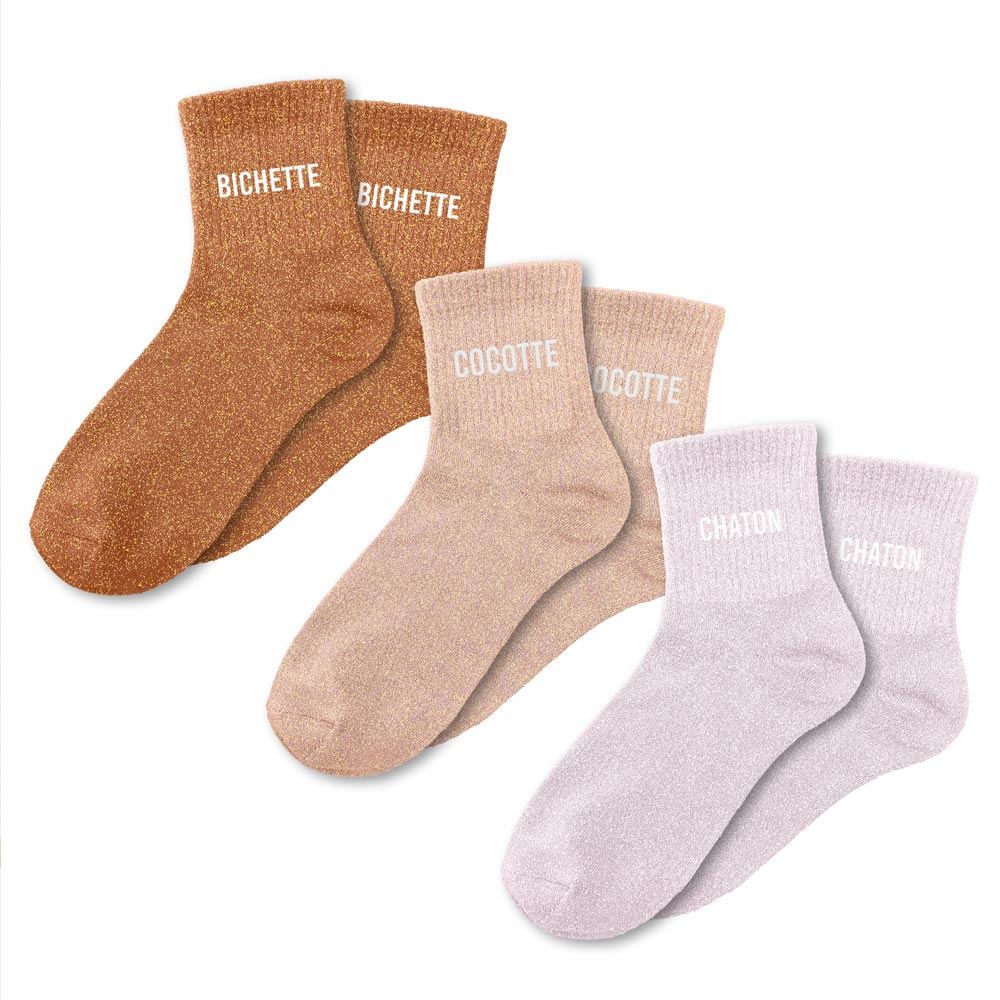Coffret trio de chaussettes à paillettes "bichette, cocotte et chaton"