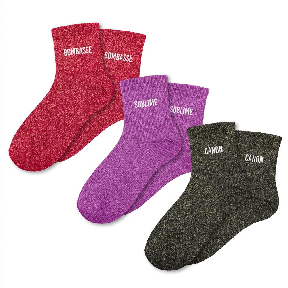 Coffret trio de chaussettes à paillettes "bombasse, sublime et canon"