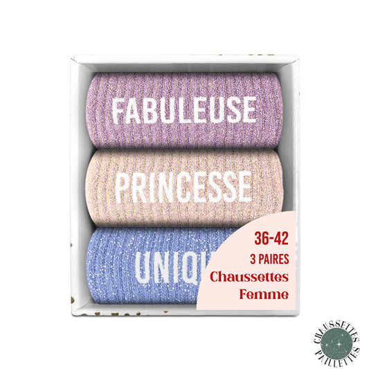 Coffret trio de chaussettes à paillettes "Fabuleuse, Princesse et Unique"