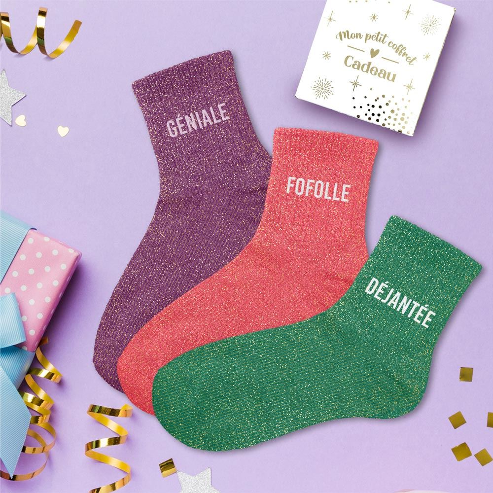 Coffret trio de chaussettes à paillettes "Géniale, Fofolle et Déjantée"
