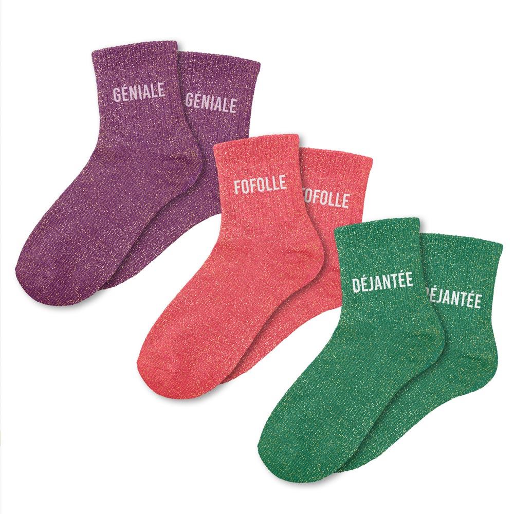 Coffret trio de chaussettes à paillettes "Géniale, Fofolle et Déjantée"