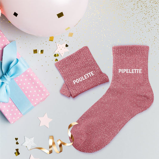 Chaussettes paillettes duo "poulette / pipelette"