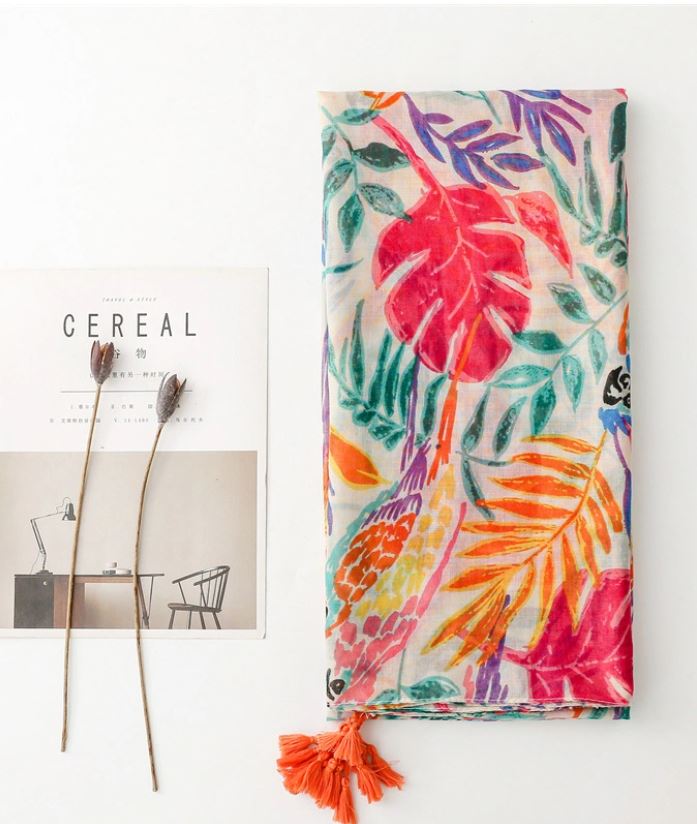 Grand foulard imprimé feuilles multicolore avec pompons