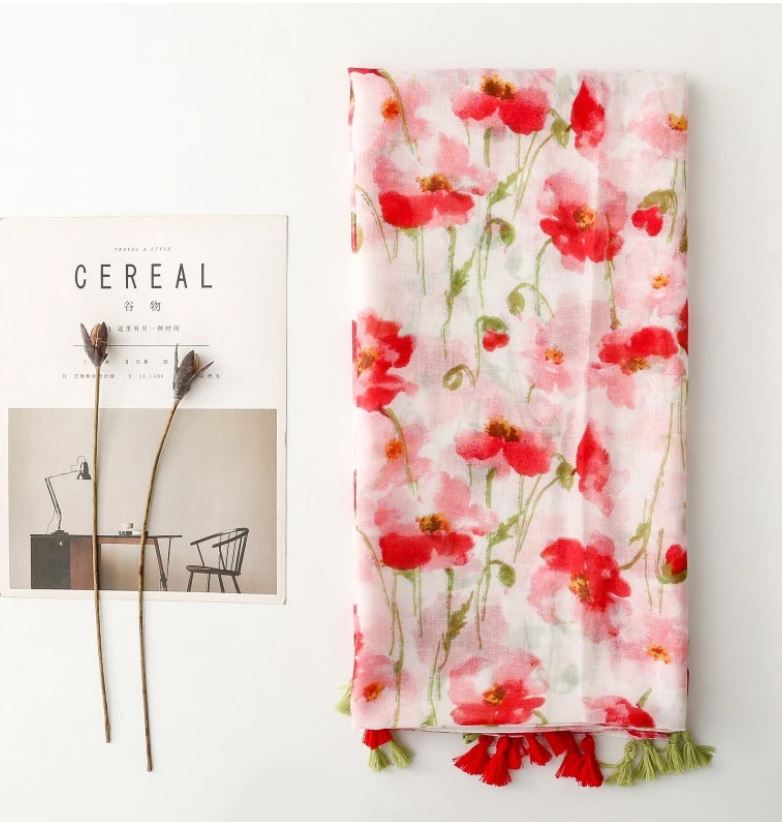 Grand foulard fleurs coquelicots avec pompons