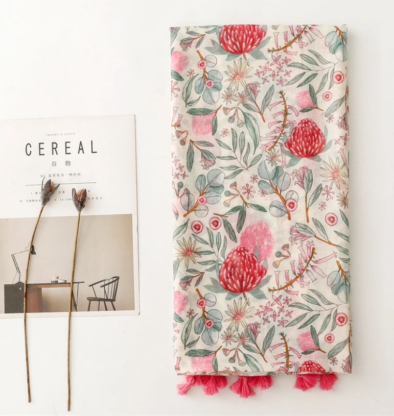 Grand Foulard imprimé fleurs avec pompons