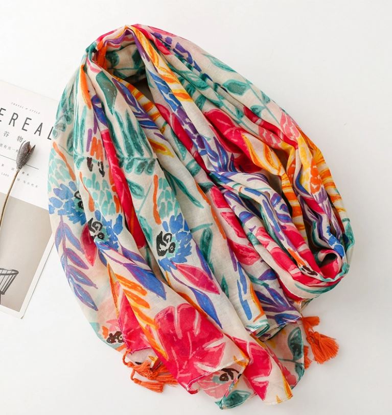 Grand foulard imprimé feuilles multicolore avec pompons