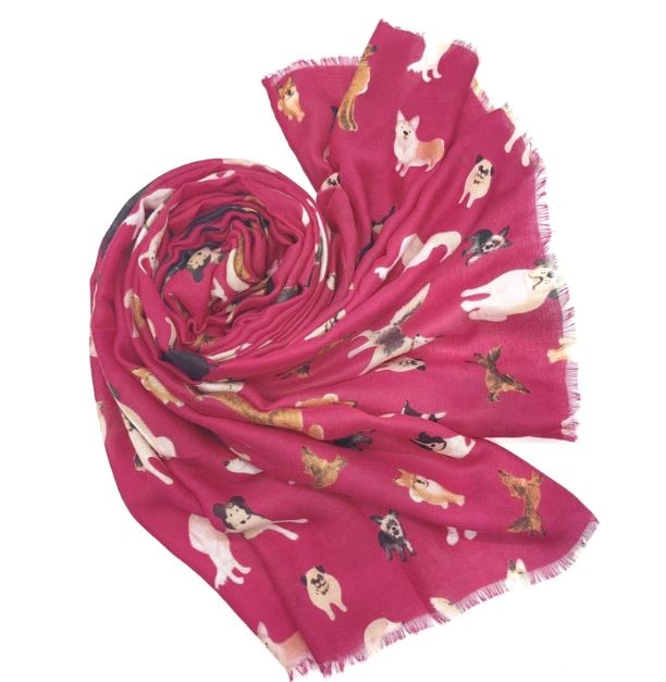 Grand foulard rose imprimé motif chien