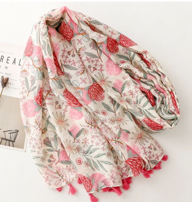 Grand Foulard imprimé fleurs avec pompons