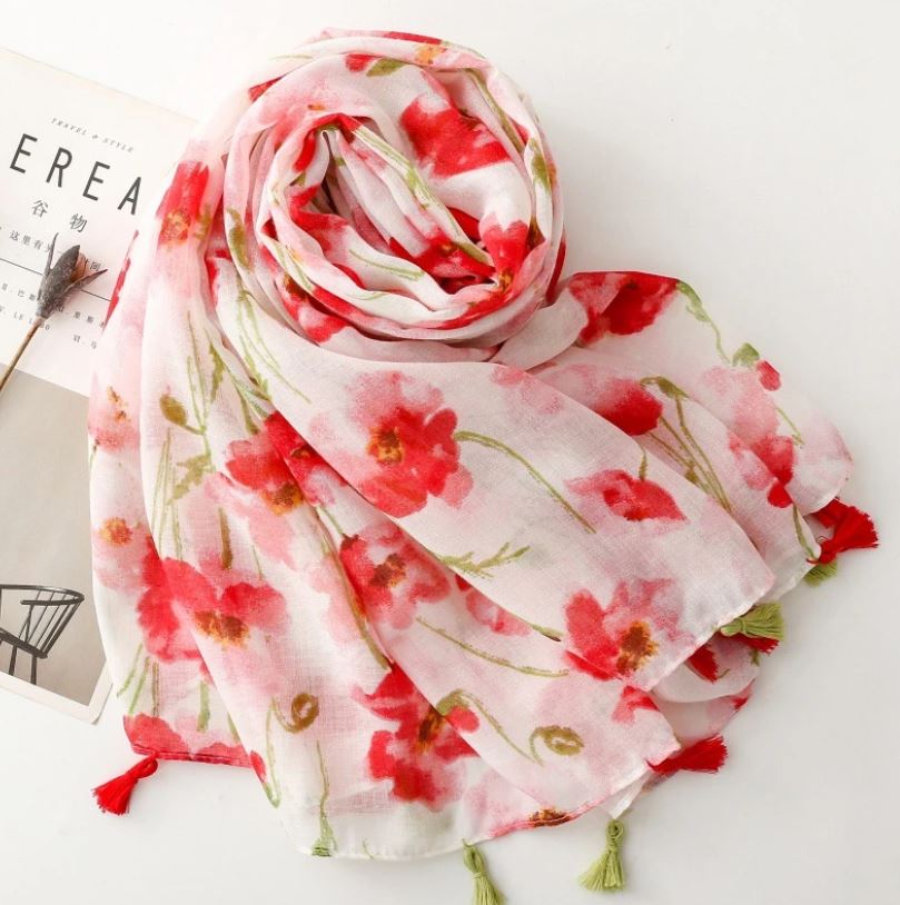 Grand foulard fleurs coquelicots avec pompons