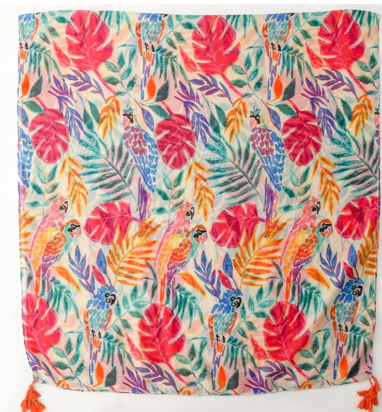 Grand foulard imprimé feuilles multicolore avec pompons