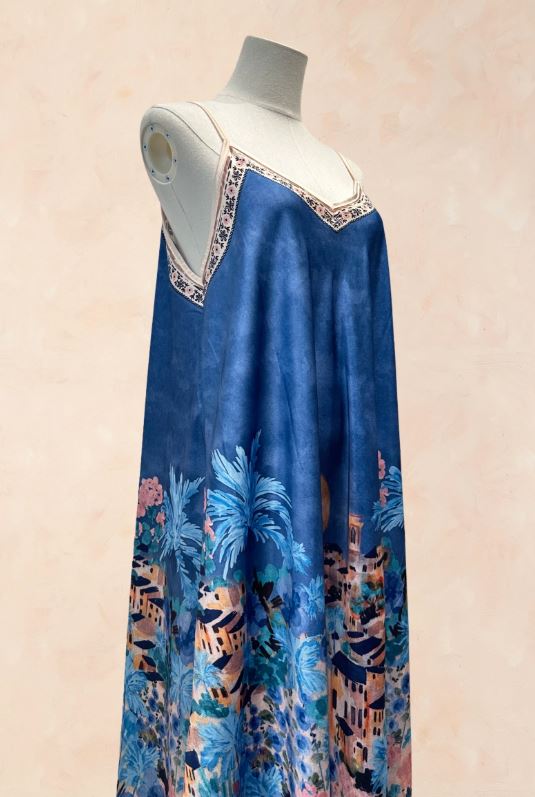 Robe longue bohème Imprimé paysage Méditerranéen BLEU