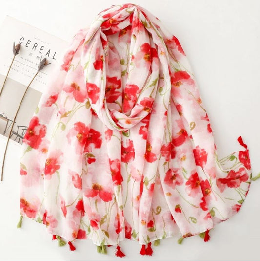 Grand foulard fleurs coquelicots avec pompons