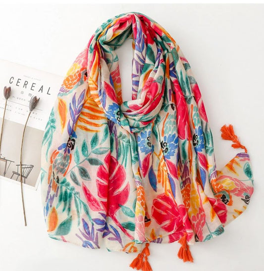 Grand foulard imprimé feuilles multicolore avec pompons