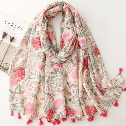 Grand Foulard imprimé fleurs avec pompons