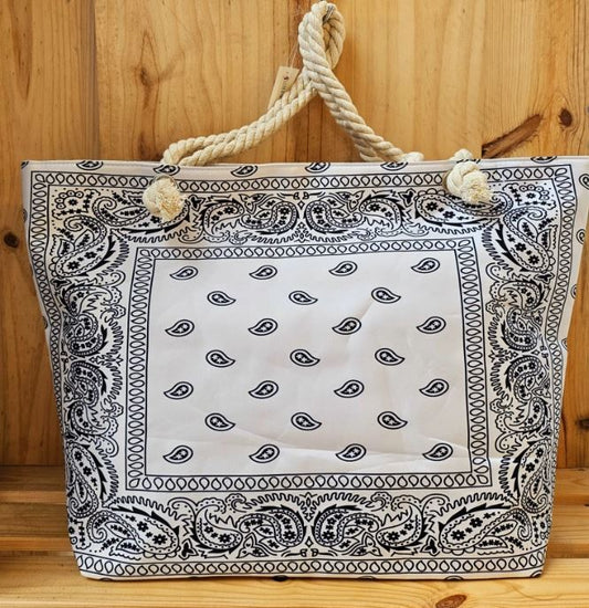 grand sac cabas, fermeture éclaire imprimé bandana BLANC