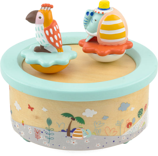 Boite à musique en bois "l'éléphant et le perroquet"