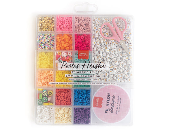 Maxi boite 16 couleurs de perles heishi POP et accessoires + perles lettres, ciseaux et fil élastique