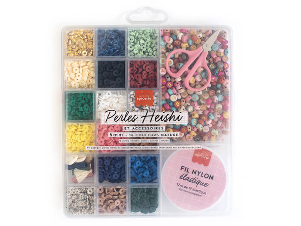 Maxi boite 16 couleurs de perles heishi NATURE et accessoires + perles lettres, ciseaux et fil élastique
