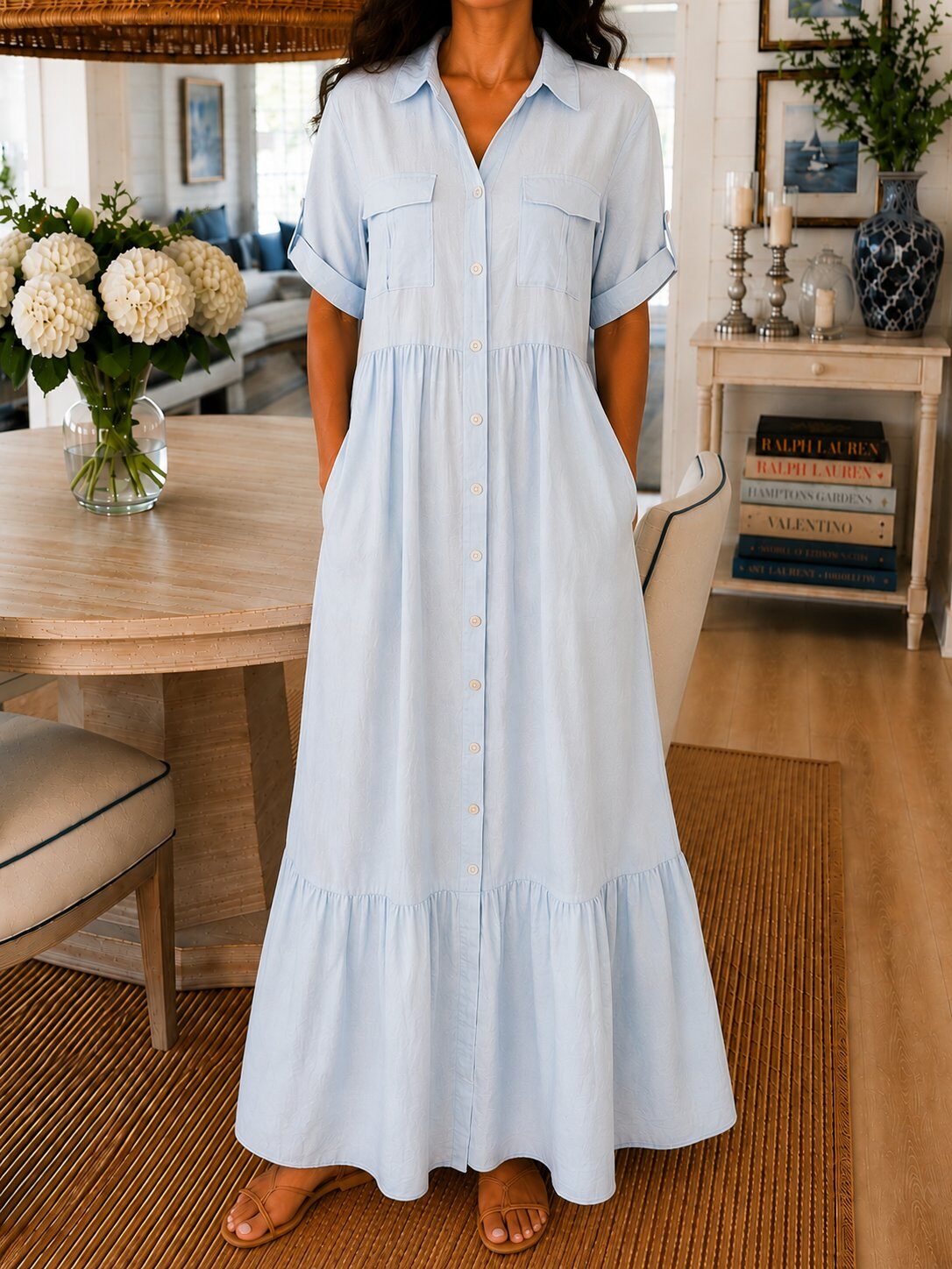 Robe Chemise Longue Fluide Tendance – Made in Italy - Bleu ciel