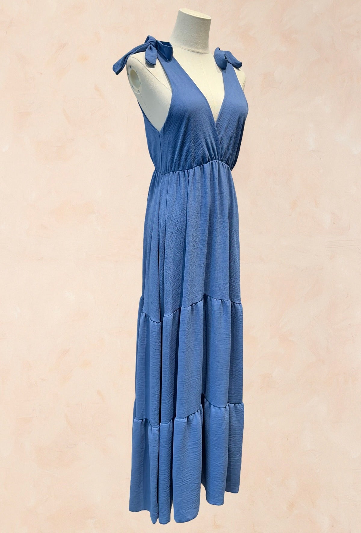 Robe longue fluide noeud épaule - BLEU JEAN