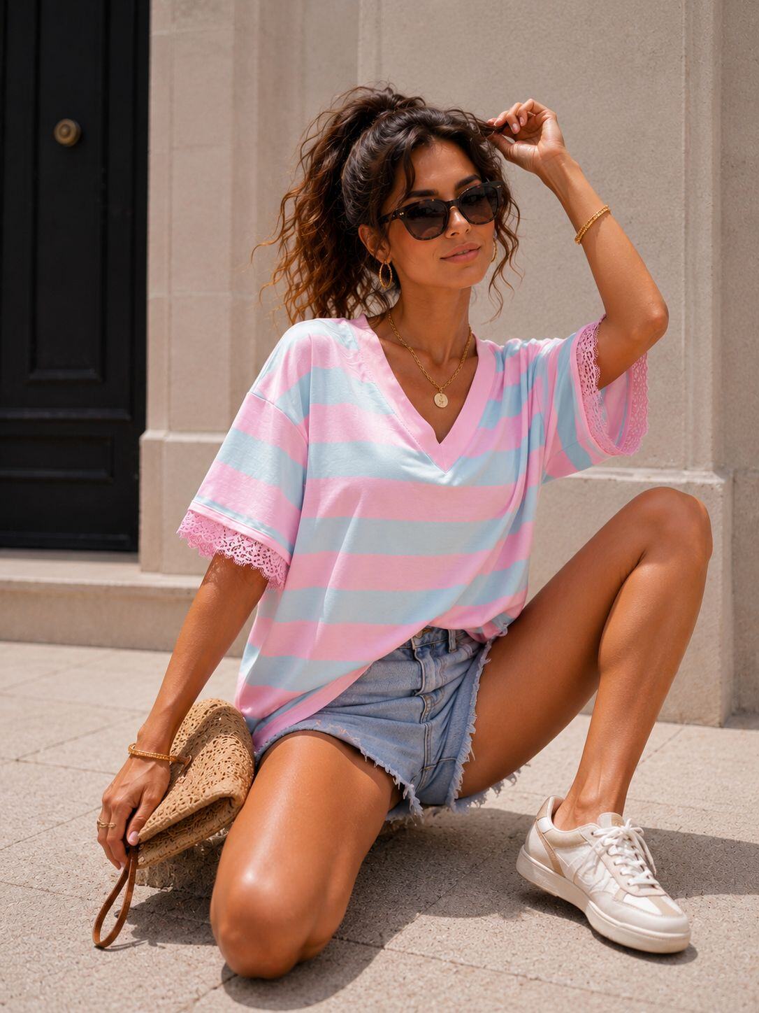 T-shirt marinière à col V et finitions dentelle - Taille S/M