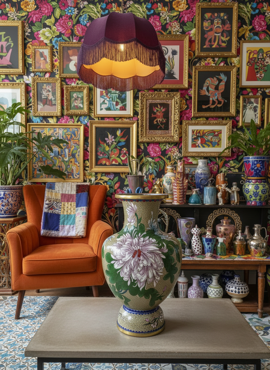 Vase chinois cloisonné décor fleurs et papillons