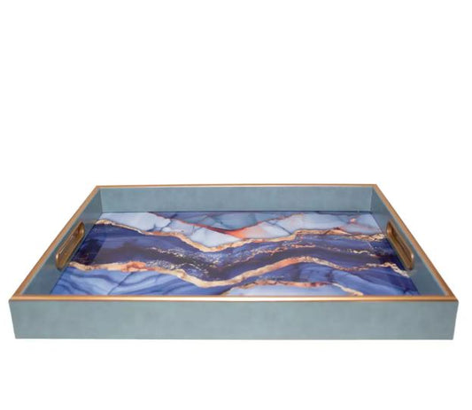 Plateau rectangulaire bleu effet aquarelle