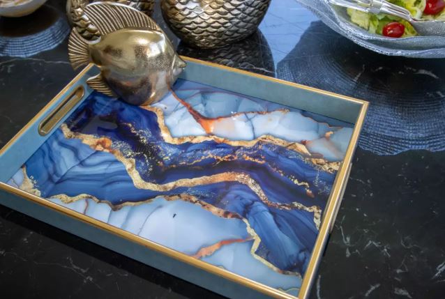 Plateau rectangulaire bleu effet aquarelle