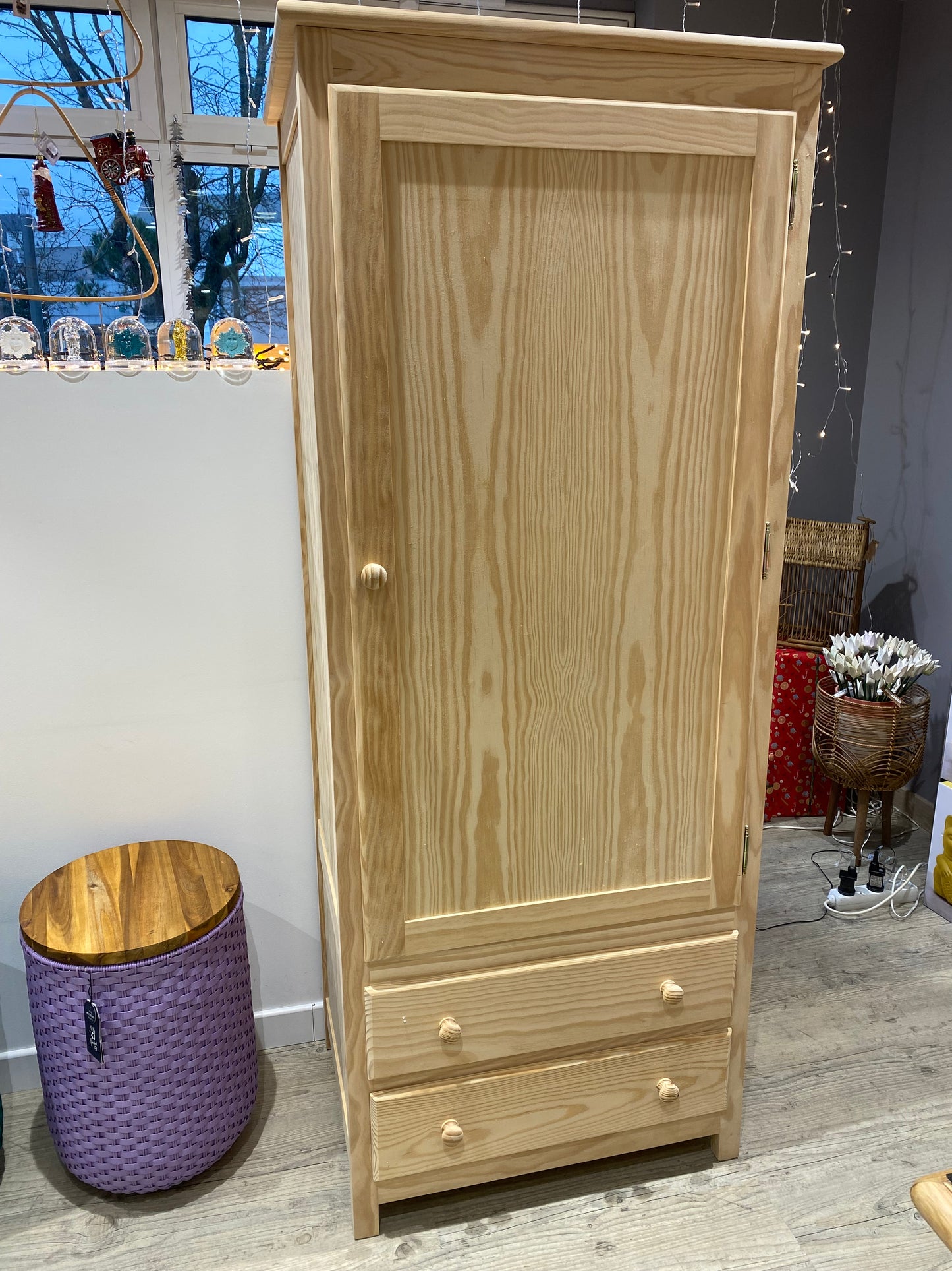 Armoire 1 porte 2 tiroirs bois brut