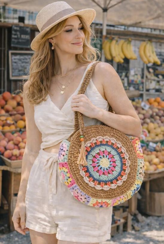 Sac crochet rond en paille papier