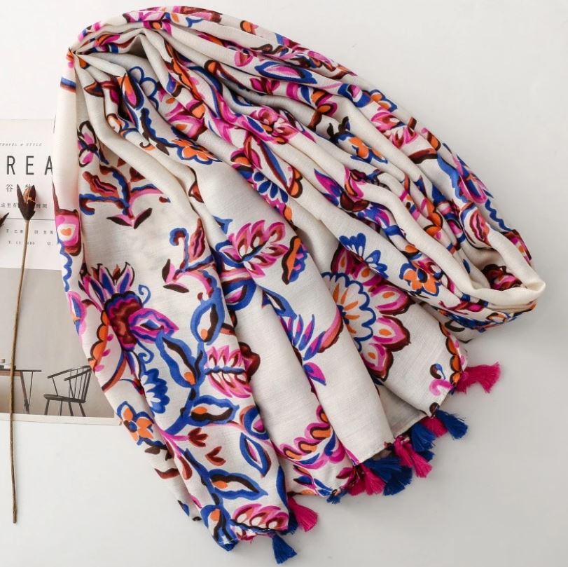 Foulard imprimé Fleur avec pompons
