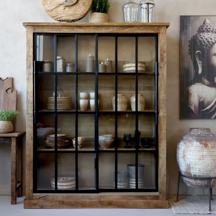 Armoire Vitrine Paris Chic Antique 2 Portes Coulissantes 190x150x45 cm Naturel