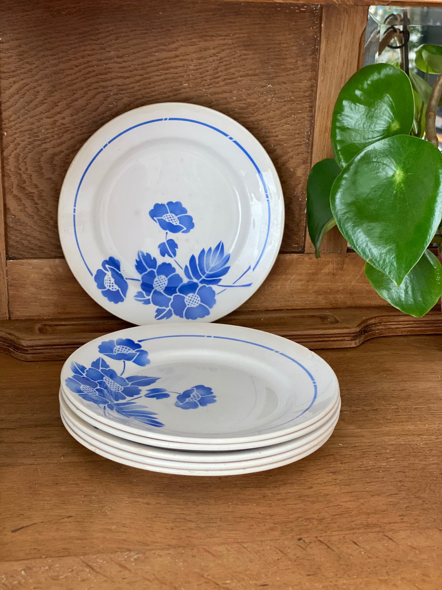 7 assiettes plates fleurs bleues Moulin des Loups