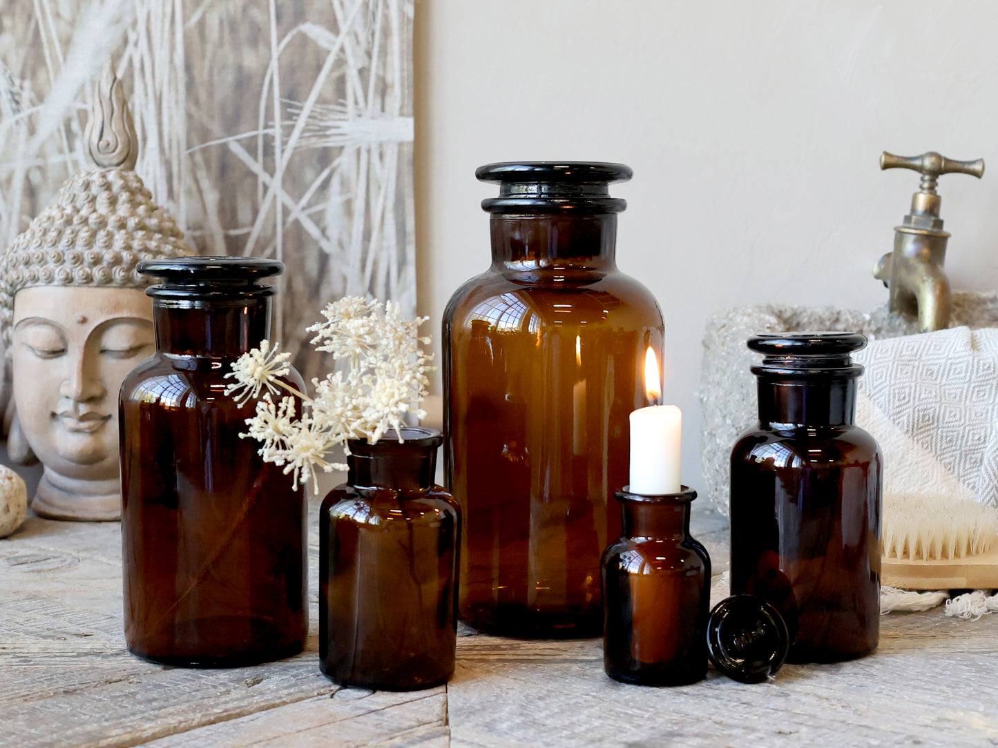 Lot de 5 verres d'apothicaire français avec couvercle Mocca