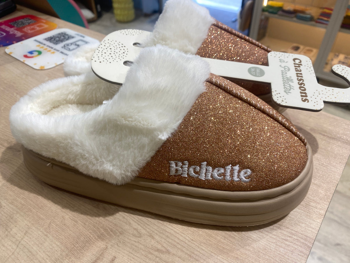 Chaussons à paillettes à message : BICHETTE