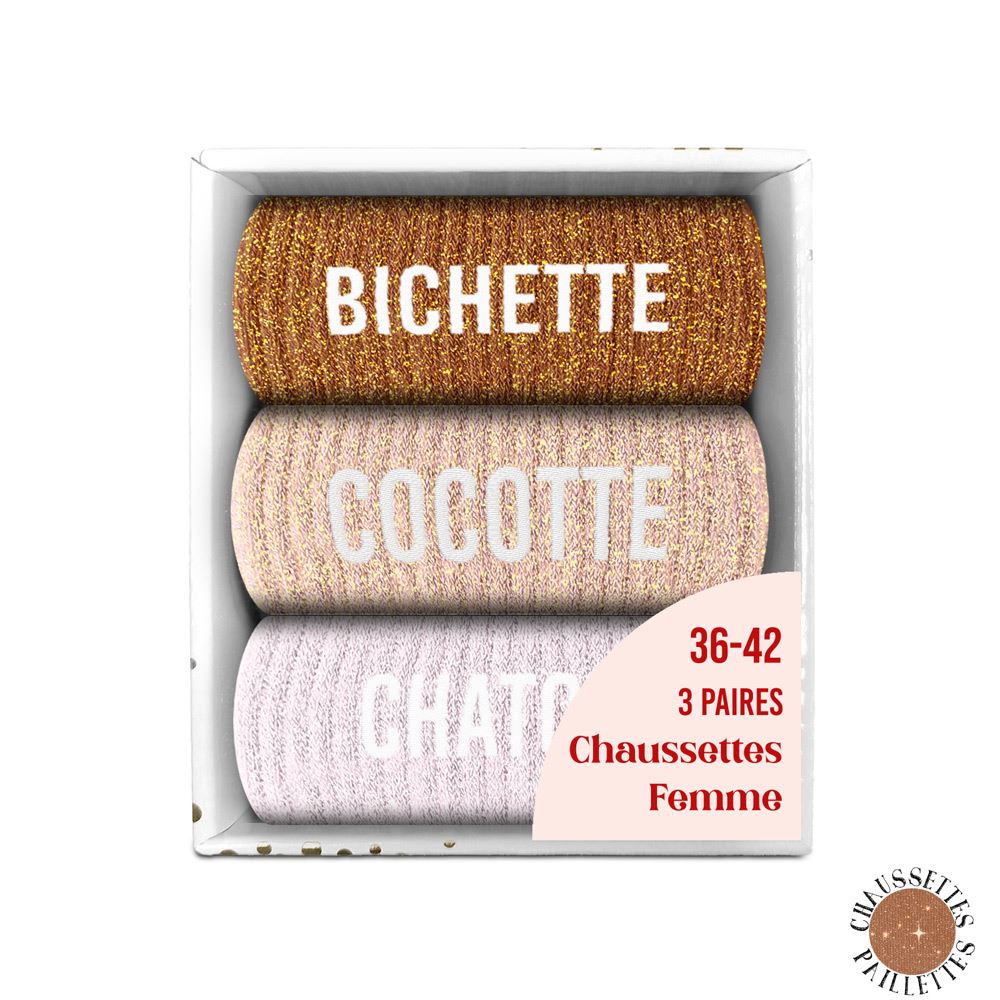 Coffret trio de chaussettes à paillettes "bichette, cocotte et chaton"