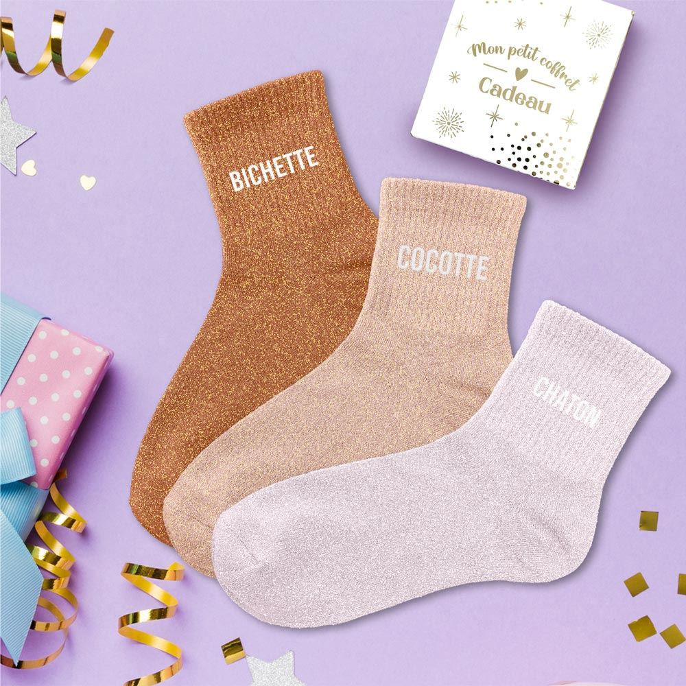 Coffret trio de chaussettes à paillettes "bichette, cocotte et chaton"