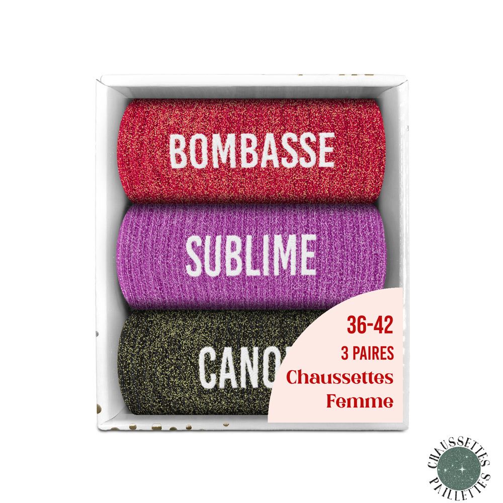 Coffret trio de chaussettes à paillettes "bombasse, sublime et canon"
