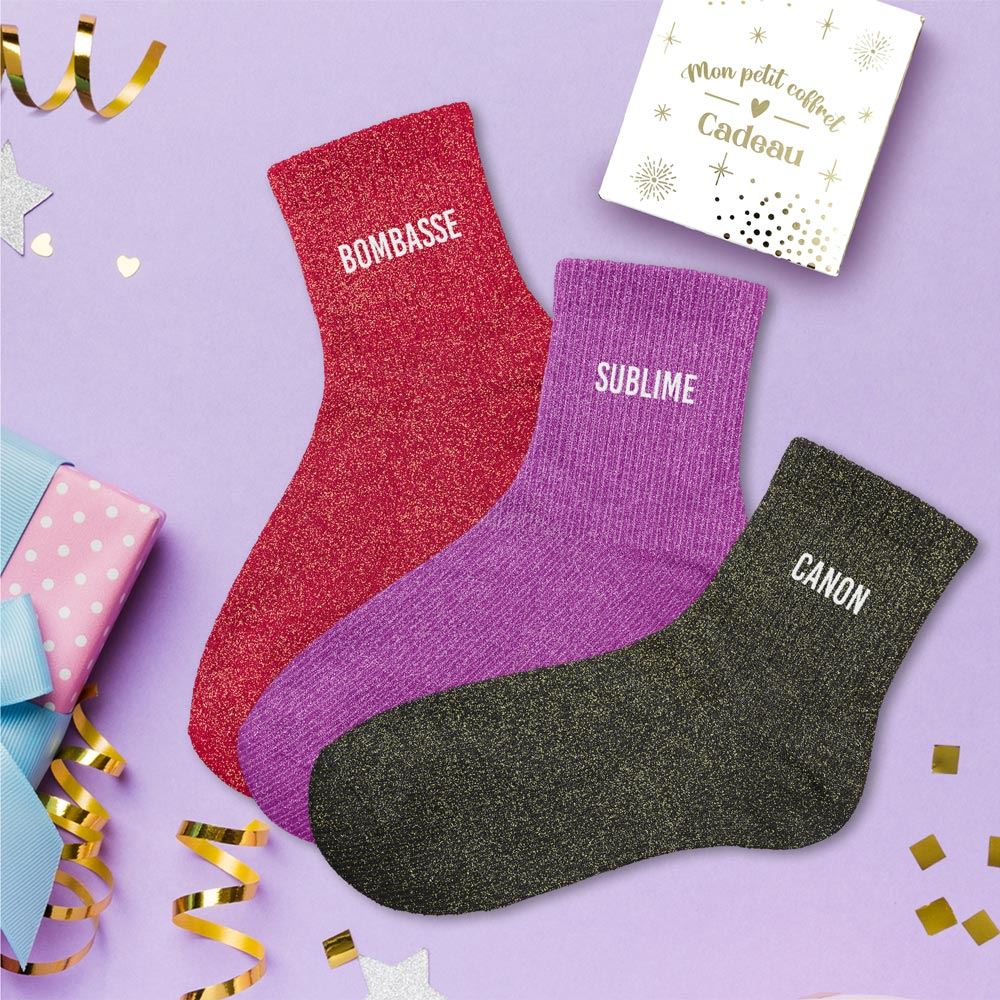 Coffret trio de chaussettes à paillettes "bombasse, sublime et canon"
