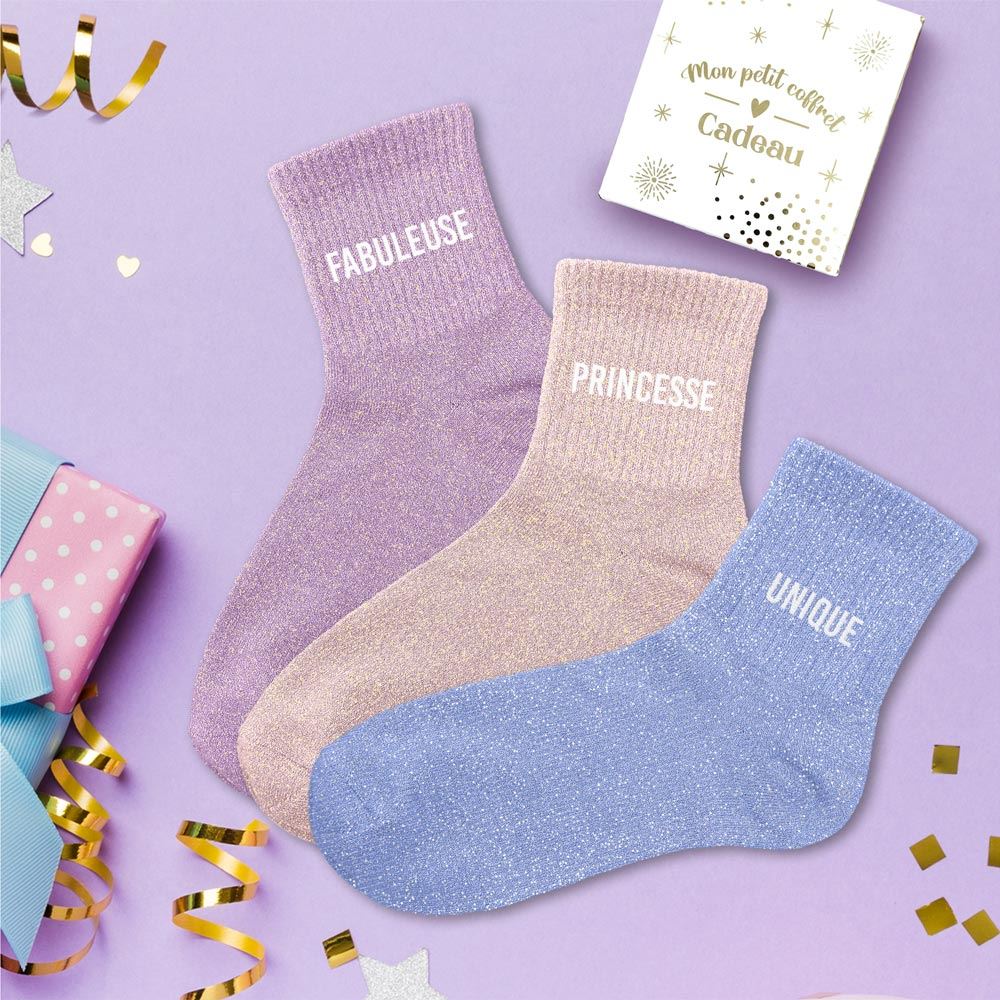 Coffret trio de chaussettes à paillettes "Fabuleuse, Princesse et Unique"