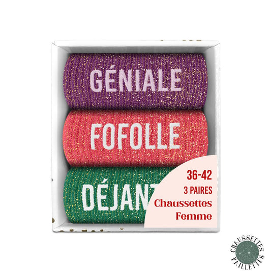 Coffret trio de chaussettes à paillettes "Géniale, Fofolle et Déjantée"