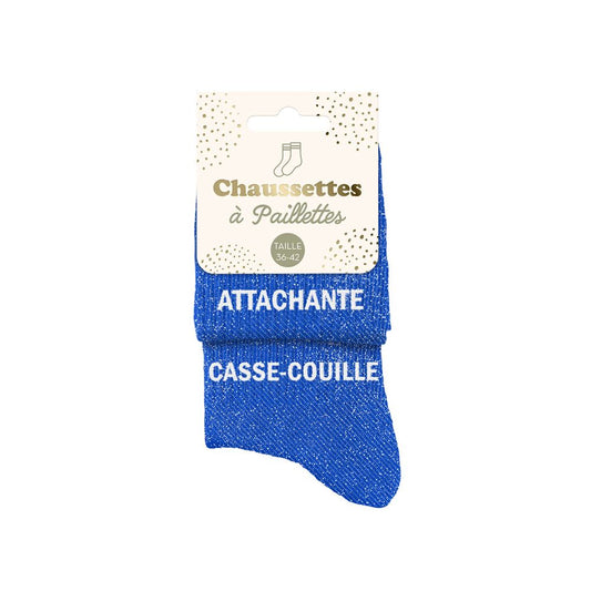 Chaussettes paillettes duo "ATTACHANTE CASSE-COUILLE"