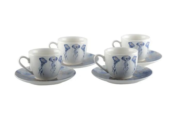 lot de 4 tasses à café avec sous tasses méduse