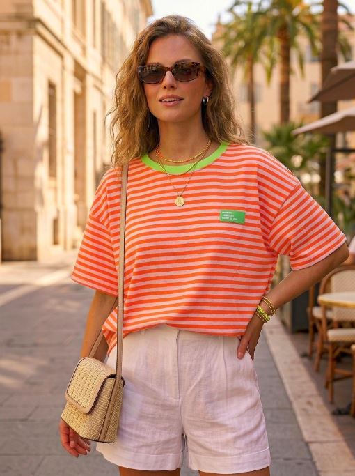 T-shirt marinière à col fluo