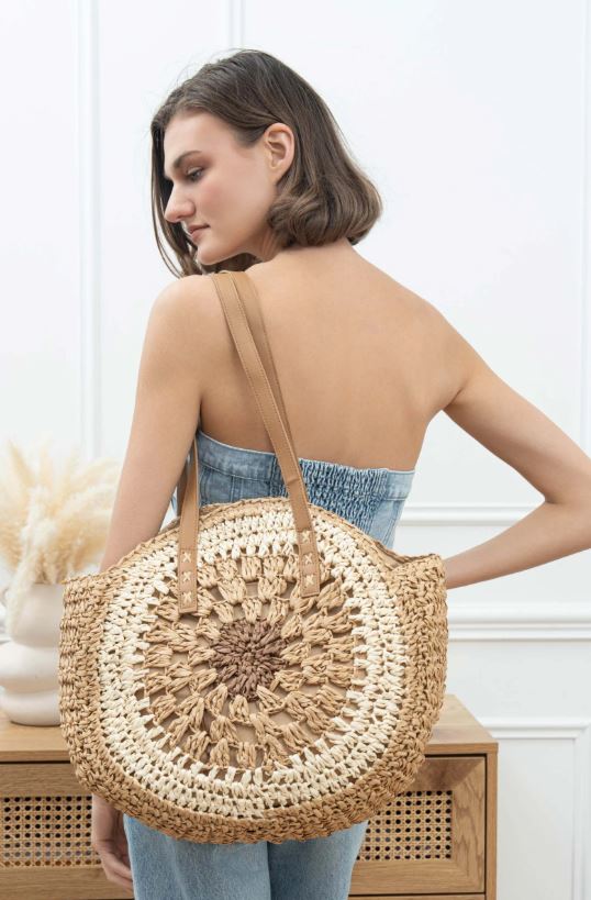 Sac porté épaule sac plage tressé crochet bohème CAMEL
