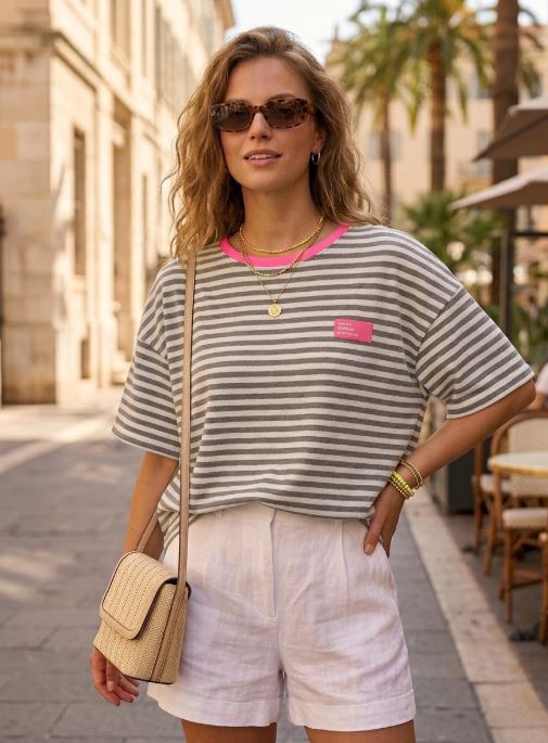 T-shirt marinière à col rose