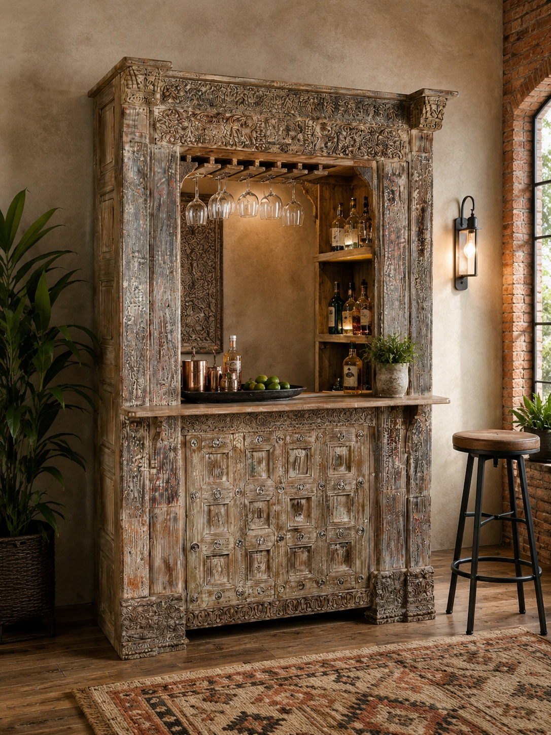 Meuble de bar en teck sculpté